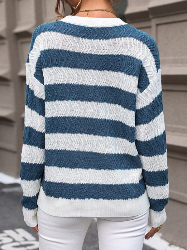 Sweaters- Striped Chevron Knit Sweater with Drop Shoulder- - Pekosa Women Clothing