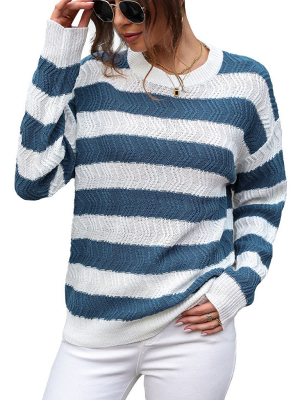 Sweaters- Striped Chevron Knit Sweater with Drop Shoulder- - Pekosa Women Clothing