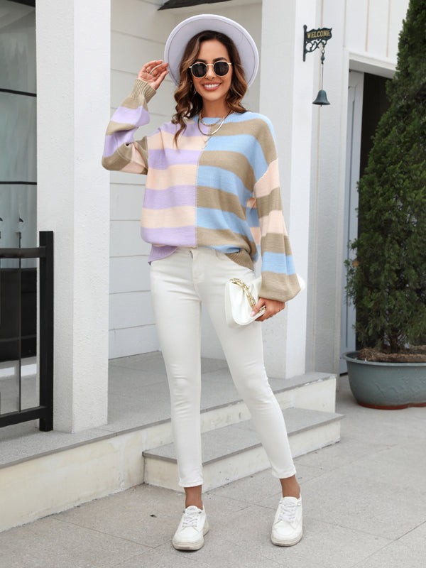 Sweaters- Striped Knit Jumper | Casual Drop Shoulder Sweater- - Pekosa Women Clothing