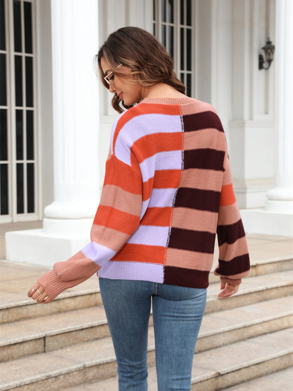 Sweaters- Striped Knit Jumper | Casual Drop Shoulder Sweater- - Pekosa Women Clothing