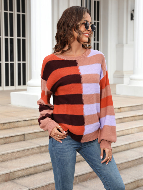 Sweaters- Striped Knit Jumper | Casual Drop Shoulder Sweater- - Pekosa Women Clothing