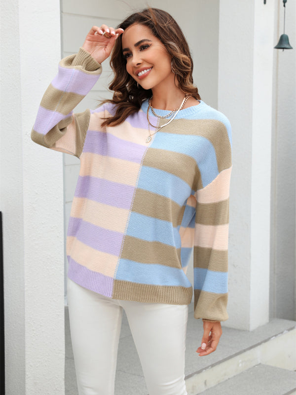 Sweaters- Striped Knit Jumper | Casual Drop Shoulder Sweater- - Pekosa Women Clothing