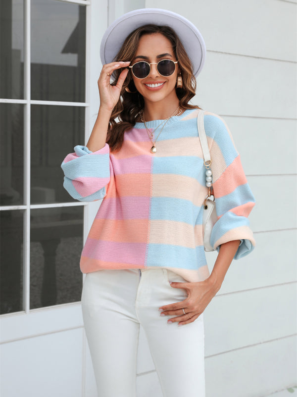 Sweaters- Striped Knit Jumper | Casual Drop Shoulder Sweater- - Pekosa Women Clothing