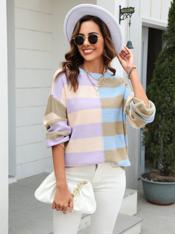 Sweaters- Striped Knit Jumper | Casual Drop Shoulder Sweater- - Pekosa Women Clothing