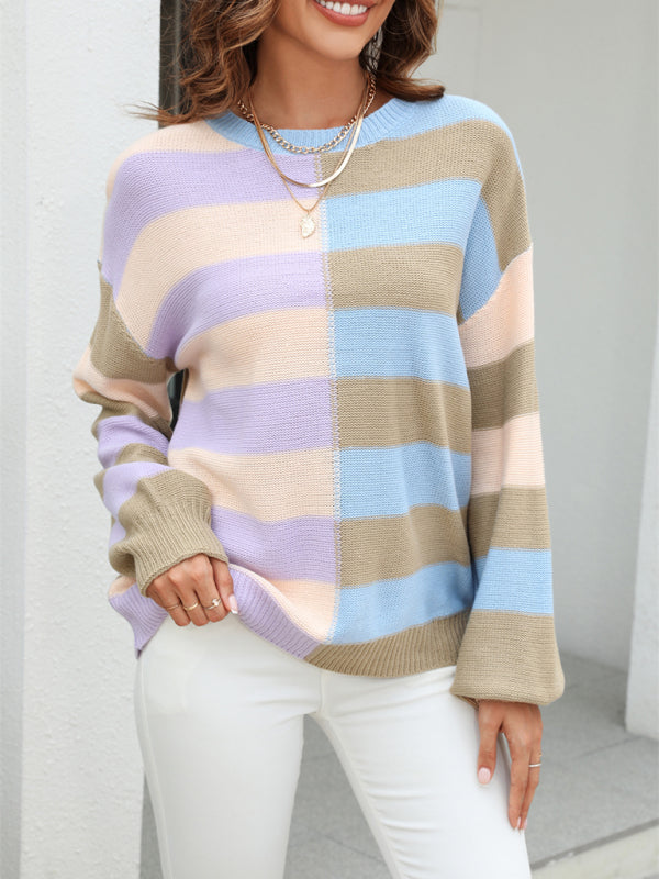 Sweaters- Striped Knit Jumper | Casual Drop Shoulder Sweater- Khaki- Pekosa Women Clothing