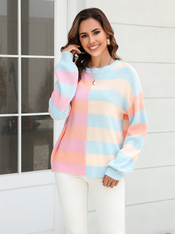 Sweaters- Striped Knit Jumper | Casual Drop Shoulder Sweater- - Pekosa Women Clothing