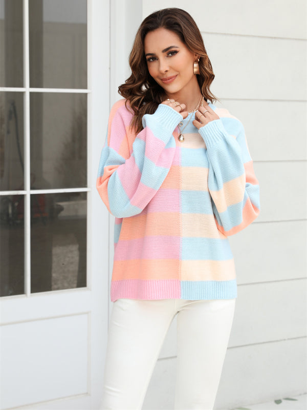 Sweaters- Striped Knit Jumper | Casual Drop Shoulder Sweater- - Pekosa Women Clothing