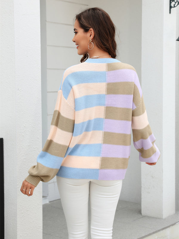 Sweaters- Striped Knit Jumper | Casual Drop Shoulder Sweater- - Pekosa Women Clothing