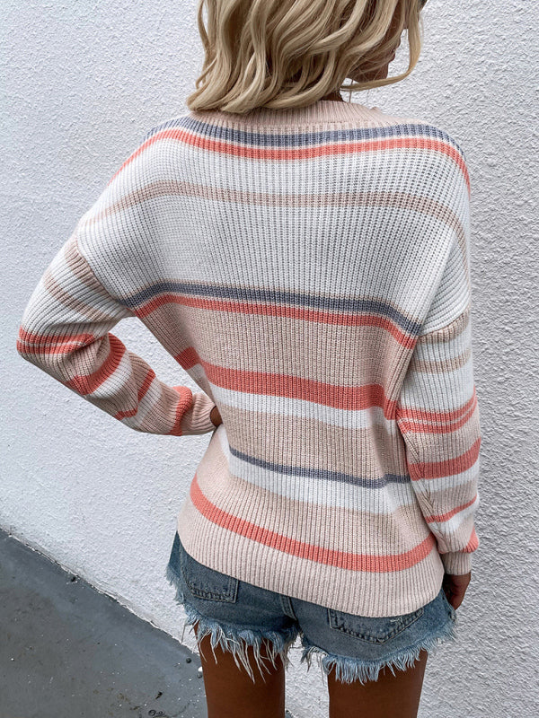 Sweaters- Striped Knitted Color Block Jumper Drop Shoulder Sweater- - Pekosa Women Clothing