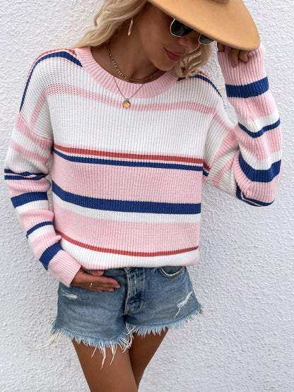 Sweaters- Striped Knitted Color Block Jumper Drop Shoulder Sweater- - Pekosa Women Clothing
