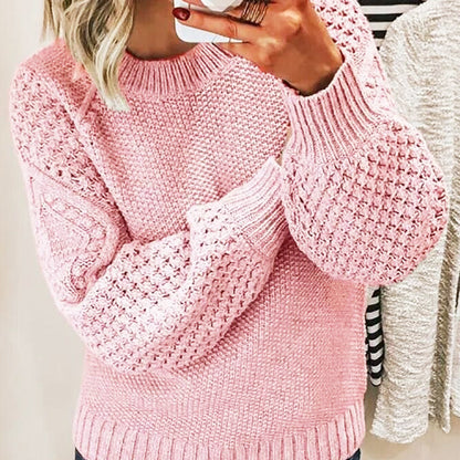 Sweaters- Sweater Season Must-Have: Cozy Round Neck Chunky Knit Jumper- Pink- Pekosa Women Clothing