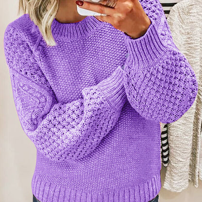 Sweaters- Sweater Season Must-Have: Cozy Round Neck Chunky Knit Jumper- Purple- Pekosa Women Clothing