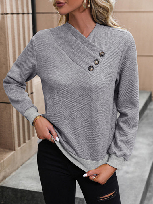 Sweaters- Textured Asymmetric Pleated Neck Sweatshirt Top- Misty grey- Pekosa Women Clothing