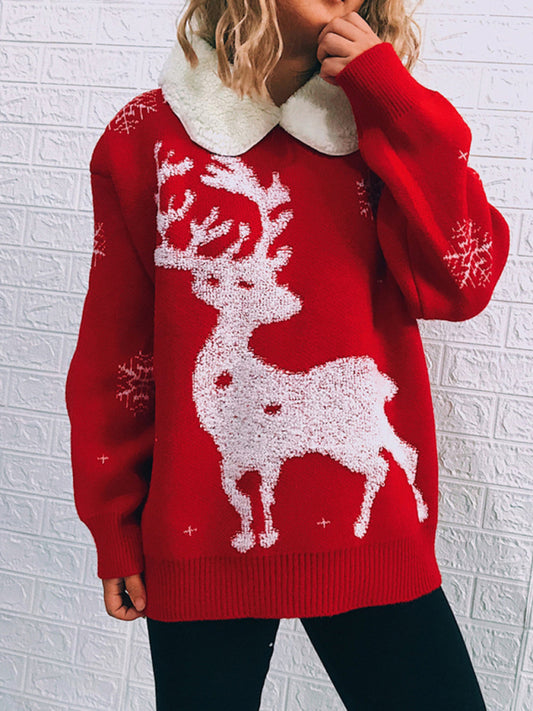 Sweaters- Thanksgiving Feast Mode: Christmas Knit Sweater with Plush Doll Collar- Red- Pekosa Women Clothing