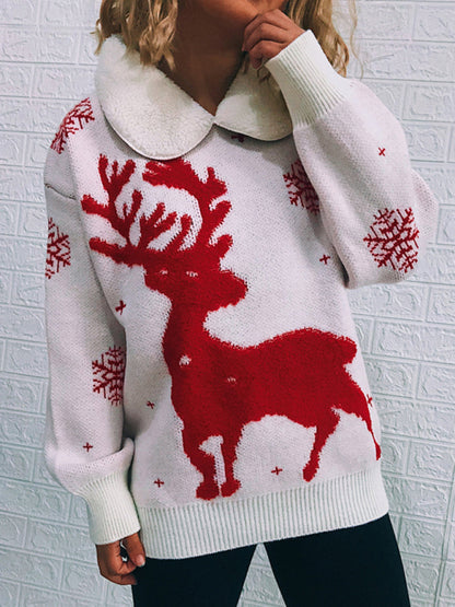 Sweaters- Thanksgiving Feast Mode: Christmas Knit Sweater with Plush Doll Collar- Cream- Pekosa Women Clothing