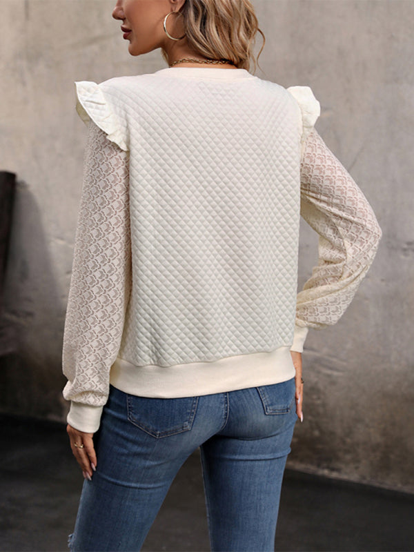 Sweaters Top- Business Casual Knitted Patchwork Lace Sweater Top- - Pekosa Women Clothing