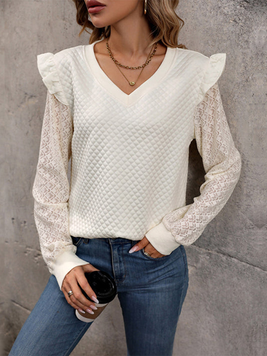 Sweaters Top- Business Casual Knitted Patchwork Lace Sweater Top- Cracker khaki- Pekosa Women Clothing