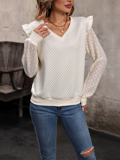 Sweaters Top- Business Casual Knitted Patchwork Lace Sweater Top- - Pekosa Women Clothing