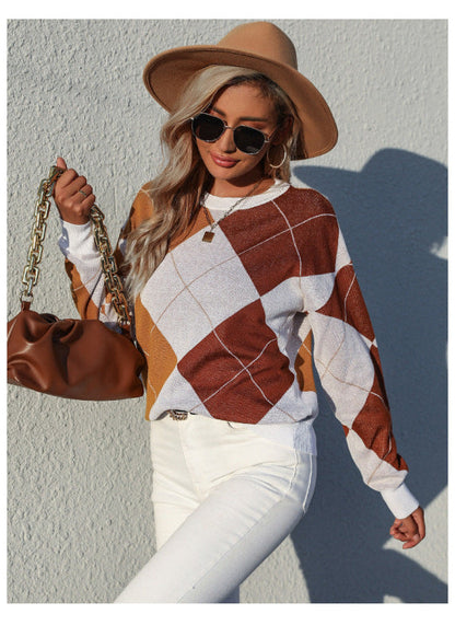 Sweaters- Trendy Checkered Sweater - Round Neck Oversized Knitwear- Brown- Pekosa Women Clothing