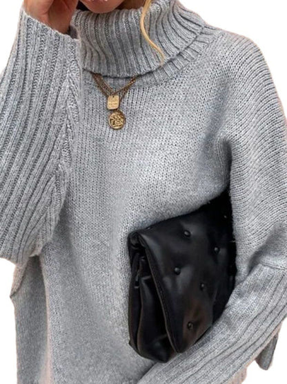 Sweaters- Twist Knit Sweater | Cozy Oversized Turtleneck Jumper- Misty grey- Pekosa Women Clothing