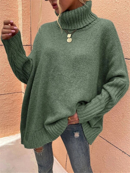 Sweaters- Twist Knit Sweater | Cozy Oversized Turtleneck Jumper- Green- Pekosa Women Clothing