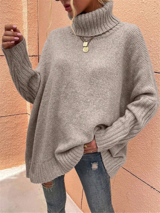 Sweaters- Twist Knit Sweater | Cozy Oversized Turtleneck Jumper- Khaki- Pekosa Women Clothing