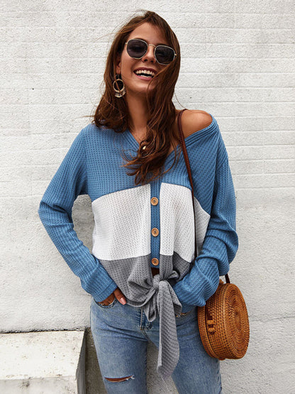 Sweaters- V Neck Knit Sweater Top - Women's Button-down Pullover- Blue- Pekosa Women Clothing