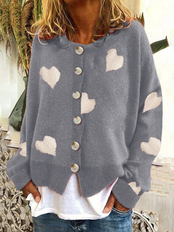 Sweaters- Valentine’s Day Knit Cardigan | Romantic Button-Up Sweater- Grey- Pekosa Women Clothing