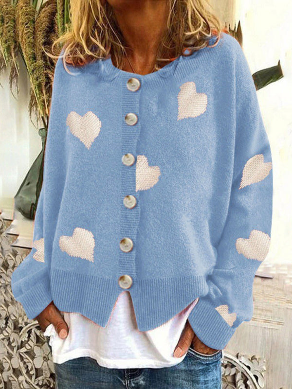 Sweaters- Valentine’s Day Knit Cardigan | Romantic Button-Up Sweater- Blue- Pekosa Women Clothing