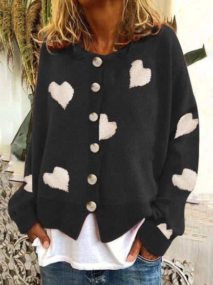 Sweaters- Valentine’s Day Knit Cardigan | Romantic Button-Up Sweater- Black- Pekosa Women Clothing