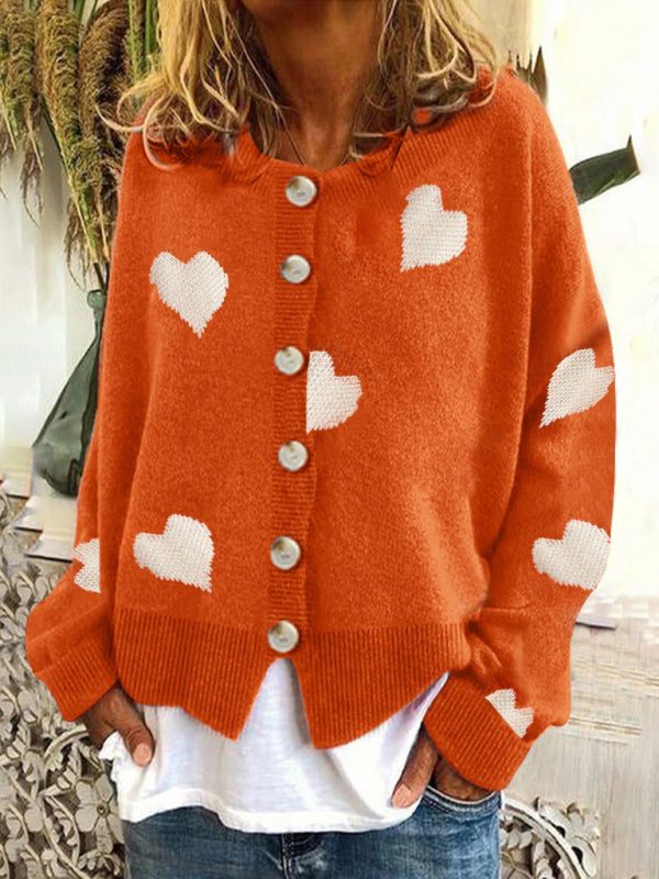 Sweaters- Valentine’s Day Knit Cardigan | Romantic Button-Up Sweater- Orange- Pekosa Women Clothing