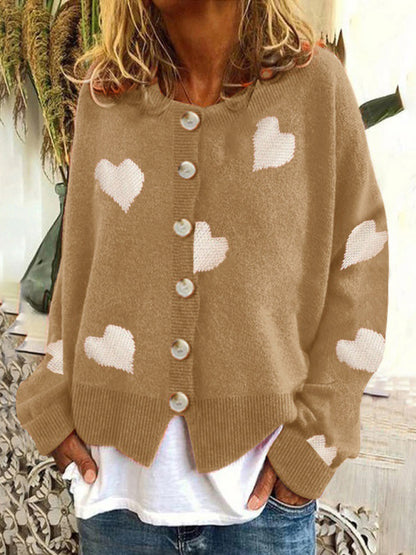 Sweaters- Valentine’s Day Knit Cardigan | Romantic Button-Up Sweater- Khaki- Pekosa Women Clothing