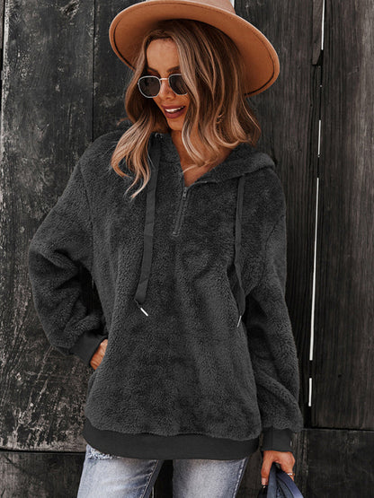 Sweaters- Vintage Plush Sweater - Fur Zip Hoodie, Oversized Fit- Charcoal grey- Pekosa Women Clothing