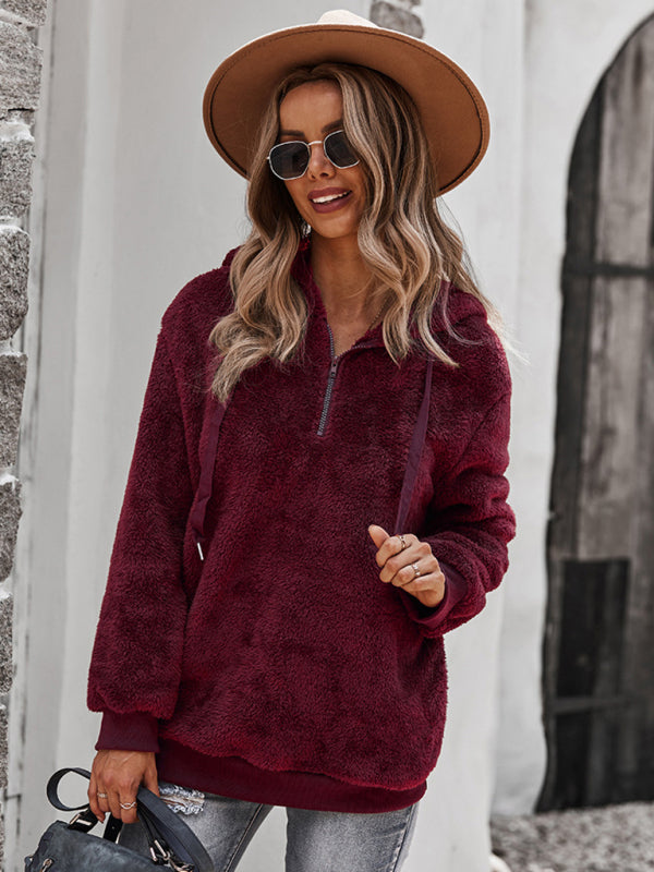 Sweaters- Vintage Plush Sweater - Fur Zip Hoodie, Oversized Fit- Wine Red- Pekosa Women Clothing