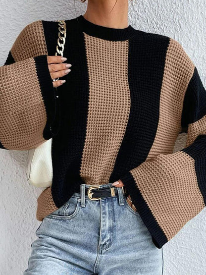 Sweaters- Waffle Color Block Knit Bell Sleeve Sweater Jumper- - Pekosa Women Clothing