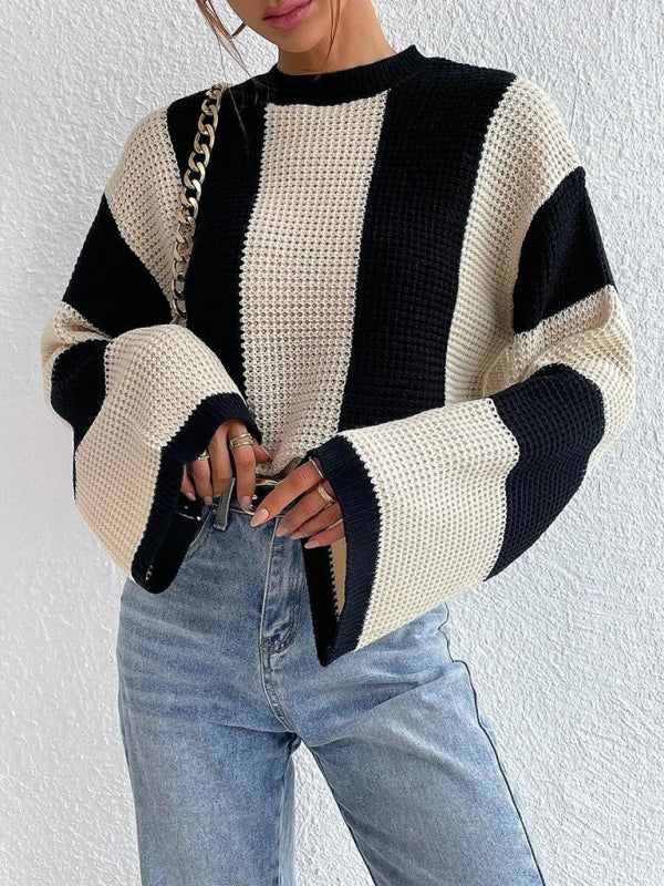 Sweaters- Waffle Color Block Knit Bell Sleeve Sweater Jumper- - Pekosa Women Clothing