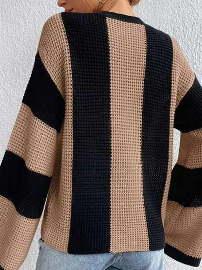 Sweaters- Waffle Color Block Knit Bell Sleeve Sweater Jumper- - Pekosa Women Clothing