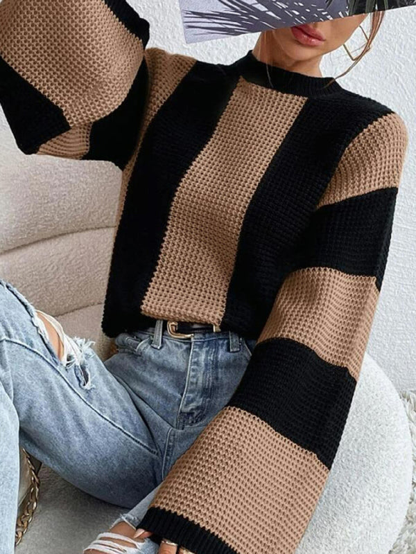 Sweaters- Waffle Color Block Knit Bell Sleeve Sweater Jumper- - Pekosa Women Clothing