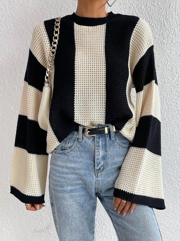 Sweaters- Waffle Color Block Knit Bell Sleeve Sweater Jumper- - Pekosa Women Clothing