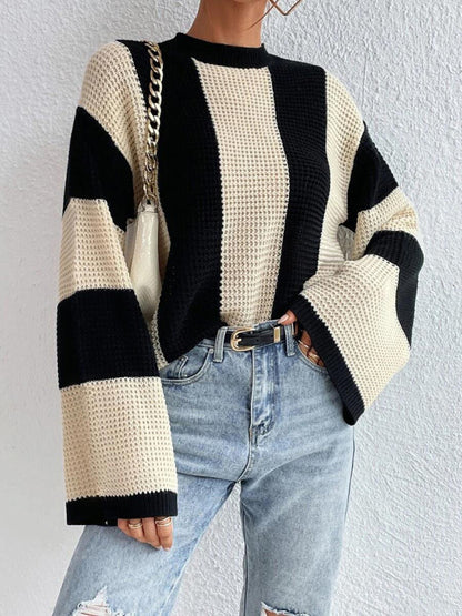 Sweaters- Waffle Color Block Knit Bell Sleeve Sweater Jumper- Cracker khaki- Pekosa Women Clothing