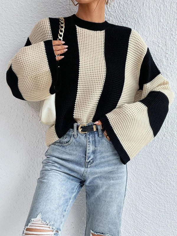 Sweaters- Waffle Color Block Knit Bell Sleeve Sweater Jumper- - Pekosa Women Clothing