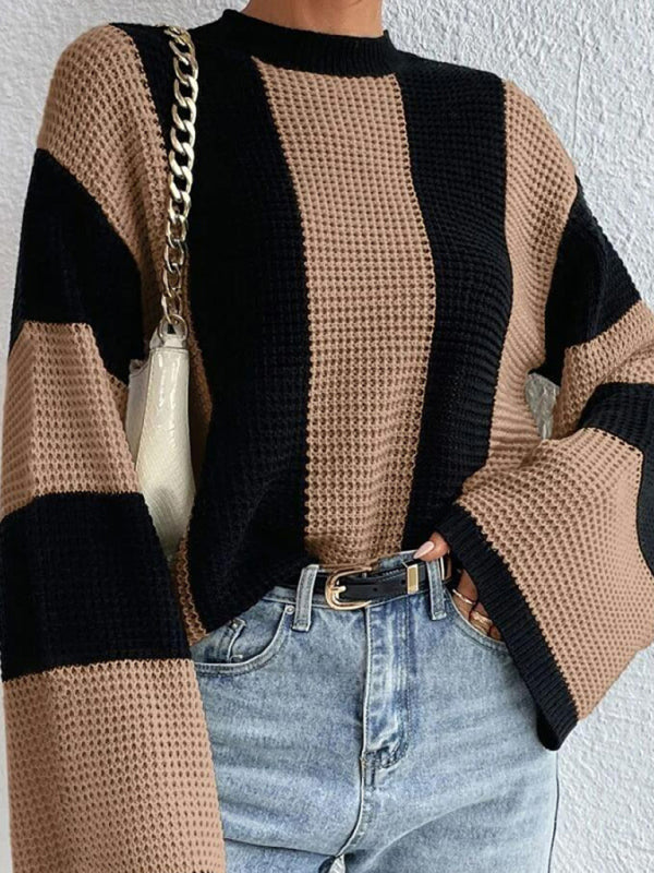 Sweaters- Waffle Color Block Knit Bell Sleeve Sweater Jumper- - Pekosa Women Clothing