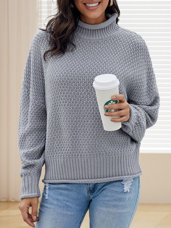 Sweaters- Waffle Knit Turtleneck Sweater Jumper- Grey- Pekosa Women Clothing