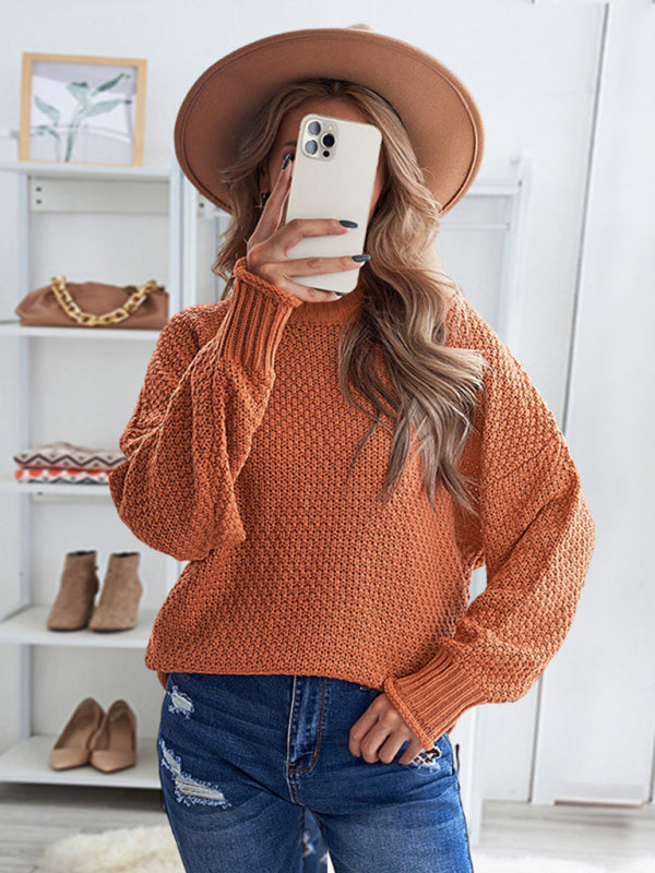 Sweaters- Waffle Knit Turtleneck Sweater Jumper- Orange- Pekosa Women Clothing