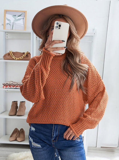 Sweaters- Waffle Knit Turtleneck Sweater Jumper- Orange- Pekosa Women Clothing