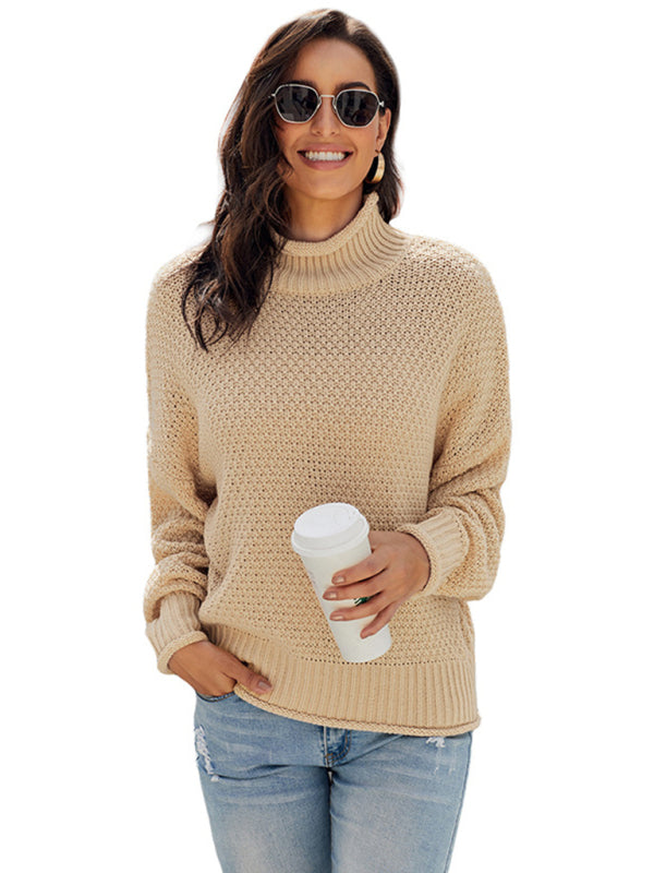 Sweaters- Waffle Knit Turtleneck Sweater Jumper- Cracker khaki- Pekosa Women Clothing
