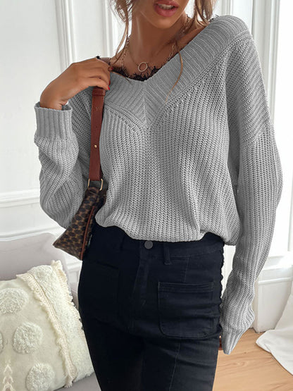 Sweaters- Waffle Knit Wide Double V-Neck Drop Shoulder Sweater- Misty grey- Pekosa Women Clothing
