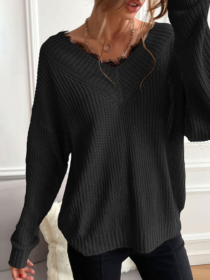 Sweaters- Waffle Knit Wide Double V-Neck Drop Shoulder Sweater- - Pekosa Women Clothing