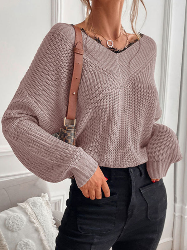 Sweaters- Waffle Knit Wide Double V-Neck Drop Shoulder Sweater- - Pekosa Women Clothing