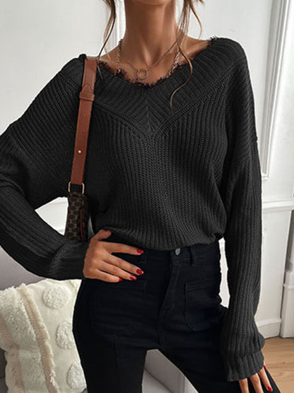 Sweaters- Waffle Knit Wide Double V-Neck Drop Shoulder Sweater- - Pekosa Women Clothing